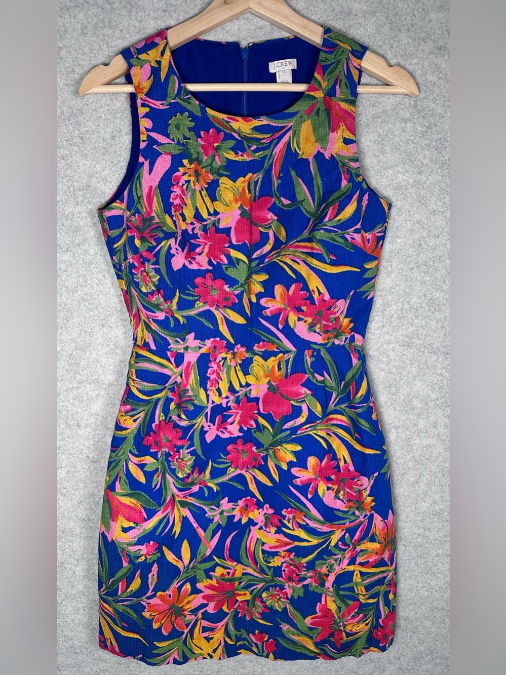 Bright Tropical Floral Blue Sleeveless Woven 100% Cotton Sheath Dress 0